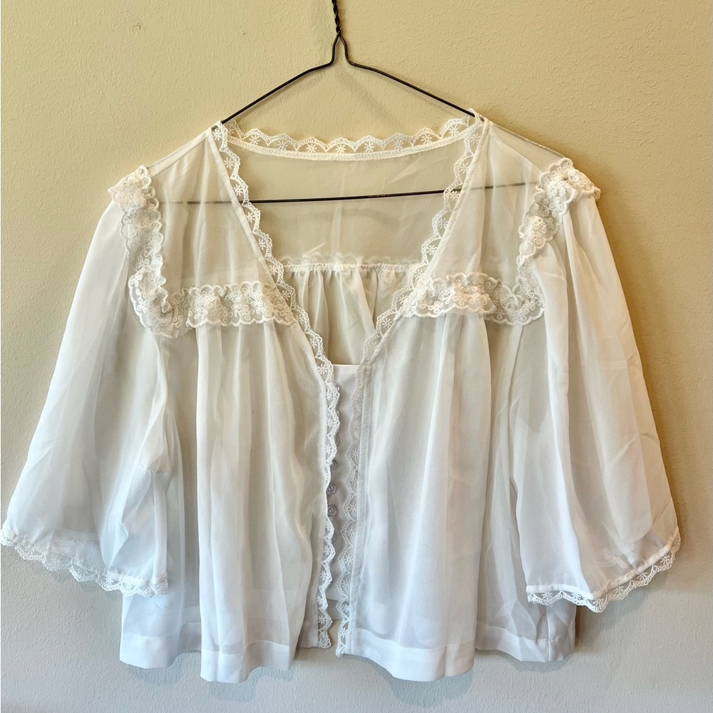 White Ruffled Bell Sleeve Blouse with Lace Trim